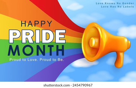 Template of horizontal banner with 3d realistic yellow loudspeaker and LGBTQ rainbow flag in the pure sky with clouds. Greeting card with cartoon megaphone, bright rainbow and text - Happy Pride Month