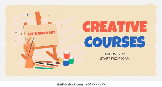 Template horizontal banner for art schools, studios, drawing courses and creative workshops. Creative supplies: paints, easel, pencils, brushes. Flat vector illustration.