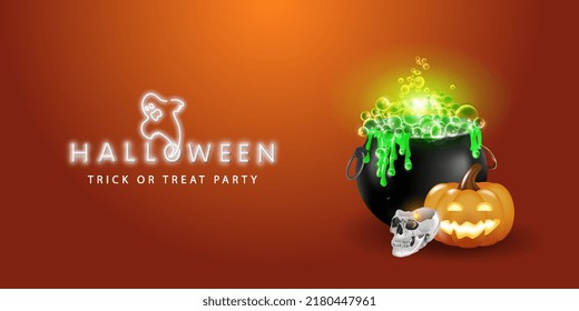 Template for a horizontal banner for Halloween with 3d pumpkins, a skull, a witch's bowler hat. Neon lettering on an orange background.Creepy website template with space for text