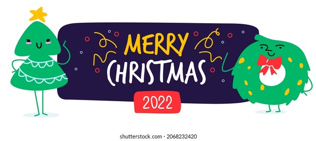 Una plantilla para un banner o encabezado horizontal sobre el año nuevo o Navidad. La inscripción feliz Navidad. Los personajes bonitos están parados cerca. Un árbol de Navidad y una corona de Navidad.