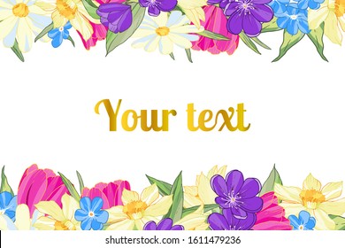 Template for horizontal card with spring flowers: tulip, crocus, camomile, narcissus, leaves on white background