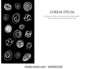 Template of horizontal cover, background on white. Abstract backdrop with inscription. For photo album, notebook, book, flyer, web. Pen hand draw pattern Vector. circle, spots, spiral scribble