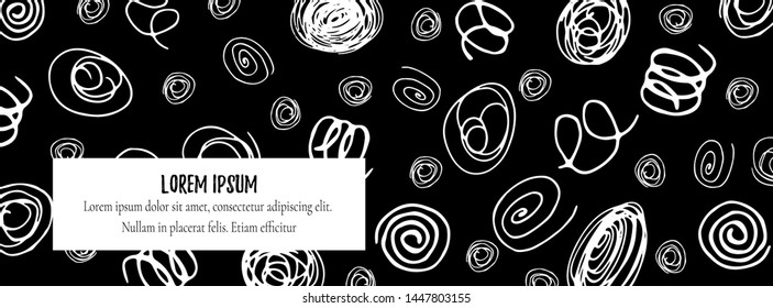 Template of horizontal cover, banner, black on white. Abstract backdrop with inscription. For photo album, notebook, book, flyer, print, web. Pen hand draw pattern Vector llustration.