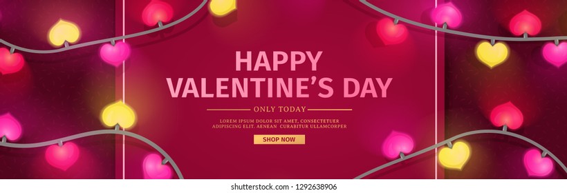 Template horizontal design banner for Valentine's day offer. Heart shape background with decor neon garland and elements for Happy Valentine's day sale. Romantic promotion card and flyer. Vector.