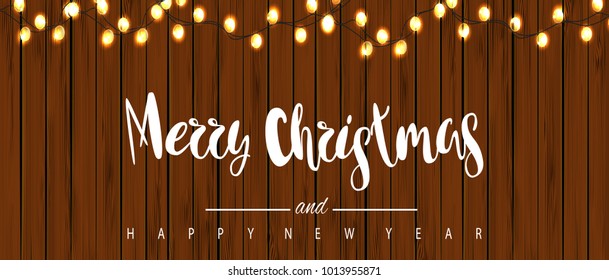 Template horizontal festive wooden board. Background with garlands. Inscription Lettering "Happy New Year and Merry Christmas." Vector.