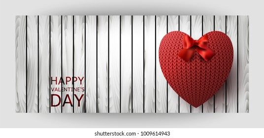 Template horizontal gift card design with red knitted hearts on a wooden 
background. For Valentine's Day, Wedding, Birthday. For a banner, postcards. flyer, label, certificate. Vector
