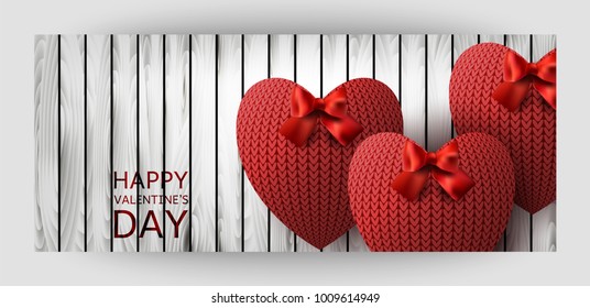 Template horizontal gift card design with red knitted hearts on a wooden 
background. For Valentine's Day, Wedding, Birthday. For a banner, postcards. flyer, label, certificate. Vector