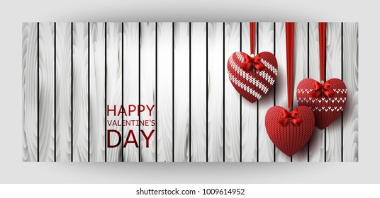 Template horizontal gift card design with red knitted hearts on a wooden 
background. For Valentine's Day, Wedding, Birthday. For a banner, postcards. flyer, label, certificate. Vector