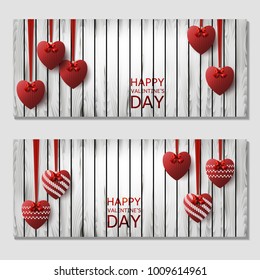 Template horizontal gift card design with red knitted hearts on a wooden 
background. For Valentine's Day, Wedding, Birthday. For a banner, postcards. flyer, label, certificate. Vector