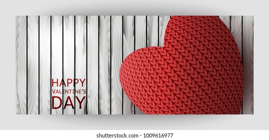 Template horizontal gift card design with red knitted hearts on a wooden background. For Valentine's Day, Wedding, Birthday. For a banner, postcards. flyer, label, certificate. Vector