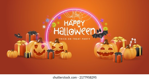 A template for a horizontal poster and banner for Halloween with 3d pumpkins, neon glow, gifts, sweets on an orange background.