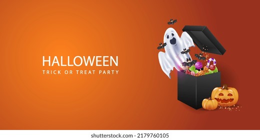 Template for a horizontal poster and banner for Halloween with 3d pumpkins, sweets, a ghost flying out of a candy box.on an orange background.