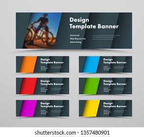 Template of horizontal vector web banners with diagonal elements and space for photo. Set of different color with material design style.