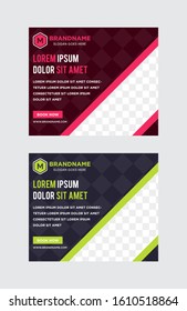 Template of horizontal web banners with diagonal space for photo and diagonal pink and green  elements design. A set of standard size for business and advertising. transparency square pattern.