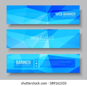 Template, horizontal web banners with polygonal abstract blue background with transparent elements and buttons. Vector illustration. Set