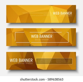 Template, horizontal web banners with polygonal gold  background and frame for text. Vector illustration.