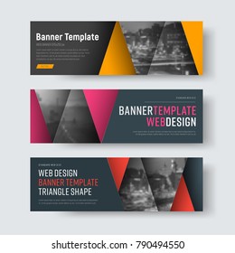 template of horizontal web banners with a red, pink and yellow triangle and a place for photos. Material design. Set