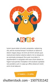 Template for horoscope and astrological forecast for aries. Vector aries original design. Can be used for poster, greeting card, birthday party, invitation. Vector illustration