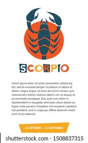 Template for horoscope and astrological forecast for scorpio. Vector scorpion original design. Can be used for poster, greeting card, birthday party, invitation. Vector illustration