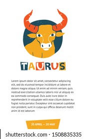 Template for horoscope and astrological forecast for taurus. Vector bull original design. Can be used for poster, greeting card, birthday party, invitation. Vector illustration
