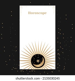 template for a horoscope with the sun. An elegant poster for an esoteric zodiac horoscope for a logo or poster on a black background with stars