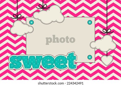 Template. Hot pink, azure and cream colors. Photo frame and decorative elements (clouds, heart) on a chevron background