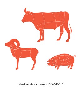 Template - how to cut meat cows, ram, pigs