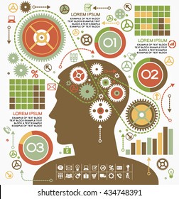 Template of human intelligence. Head and Brain gears in progress. Background info-graphics
