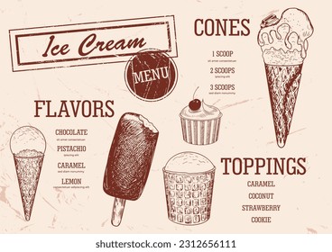 Template for ice cream menu for cafe and restaurant. Hand drawn ice cream in cone waffle. Frozen dessert in waffle cup. Retro style menu. Gelato drawing with hatching