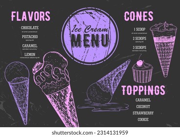 Template for ice cream menu for cafe and restaurant. Hand drawn ice cream in cone waffle. Frozen dessert in waffle cup. Retro style menu. Gelato drawing with hatching.