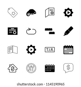 Template icon. collection of 16 template filled and outline icons such as calendar, play in gear, diploma, tir, reload replay. editable template icons for web and mobile.