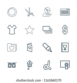 Template icon. collection of 16 template outline icons such as shirt, pen, alpha, photos on rope, burst, love card, menu, diploma. editable template icons for web and mobile.
