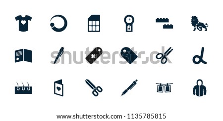 Template icon. collection of 18 template filled icons such as pen, alpha, scissors, t-shirt with heart, love card, photos on rope. editable template icons for web and mobile.