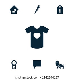 Template icon. collection of 7 template filled icons such as pen, chat, t-shirt with heart, home lock, pendulum, lion. editable template icons for web and mobile.