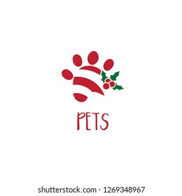 Template icon of paw print with mistletoe.Vector illustration