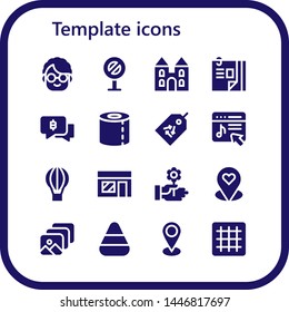 template icon set. 16 filled template icons.  Collection Of - Grandmother, Sign, Castle, Curriculum vitae, Chat, Toilet paper, Tag, Music store, Hot air balloon, Flower, Placeholder