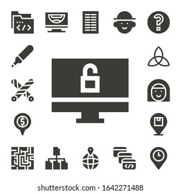 template icon set. 17 filled template icons.  Simple modern icons such as: Folder, Marker, Liquorice, Computer, Placeholder, Triquetra, Avatar, Maze, File, Columns, Browser window