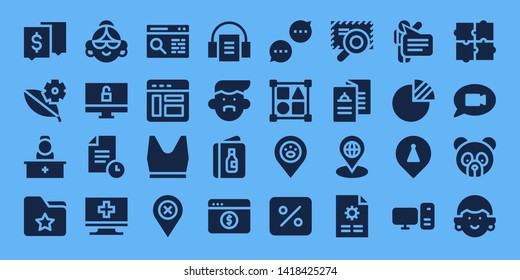 template icon set. 32 filled template icons. on blue background style Collection Of - Chat, Leaf, Reception, Folder, Avatar, Computer, File, Browser, Tank top, Placeholder, Audiobook