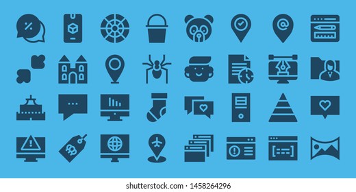template icon set. 32 filled template icons. on blue background style Collection Of - Chat, Resize, Castle, Computer, d, Tag, Color wheel, Placeholder, Cube, Spider, Sock, Panda bear