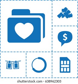 Template icon. set of 6 template filled icons such as mud, folder with heart, photos on rope, sim card, dollar sign in cloud