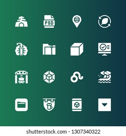 template icon set. Collection of 16 filled template icons included Menu, Cube, Signboard, Files, Wave, Leo, Loader, Computer, Folder, Peacock, Leaf, Placeholder, Psd, Cave