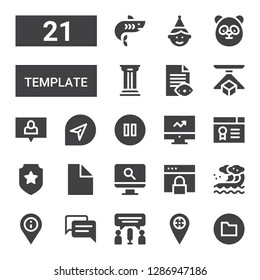 template icon set. Collection of 21 filled template icons included Folder, Placeholder, Chat, Wave, Browser, Computer, File, Badge, Certificate, Pause, d, Column, Panda, Birthday boy