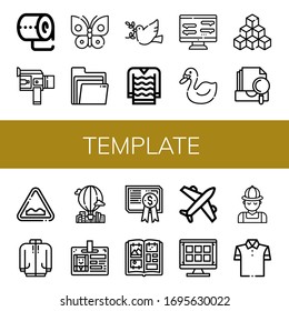 template icon set. Collection of Toilet paper, Super, Butterfly, Folders, Dove, Sweater, Chat, Swan, Cubes, Archive, Uneven, Long sleeve, Hot air balloon, Id card, Certificate icons