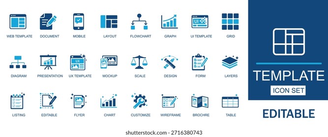 Conjunto de Ícones de Modelo. Apresenta ícones de web, gráfico, diagrama, documento, folheto, fluxograma, gráfico, editável, apresentação e personalizar. Perfeito para web design e desenvolvimento de aplicativos.