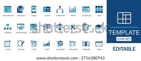 Template Icon Set. Features icons of web, chart, diagram, document, flier, flowchart, graph, editable, presentation, and customize. Perfect for web design and app development.