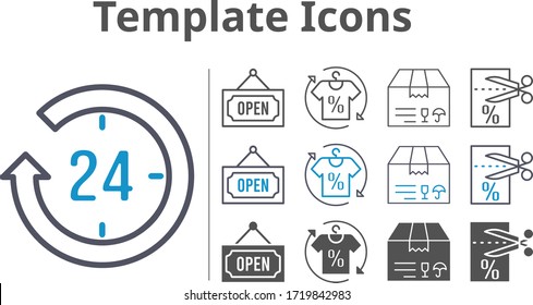template icon set included 24-hours, shirt, package, voucher, open icons