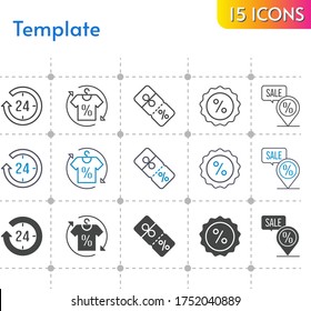 template icon set. included 24-hours, shirt, discount, placeholder icons on white background. linear, bicolor, filled styles.