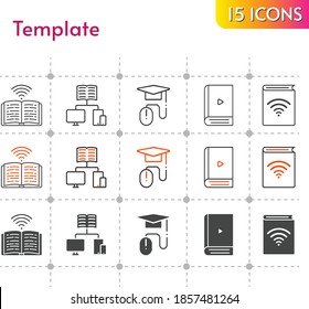 template icon set. included audiobook, ebook, school, book, elearning icons on white background. linear, bicolor, filled styles.