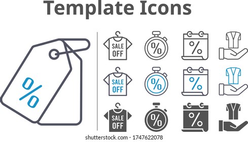 template icon set included calendar, shirt, price tag, jacket, stopwatch icons