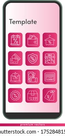 template icon set. included calendar, online shop, package, wallet, shop, money, towel, price tag, warranty, discount, credit card, barcode icons on phone design background . linear styles.